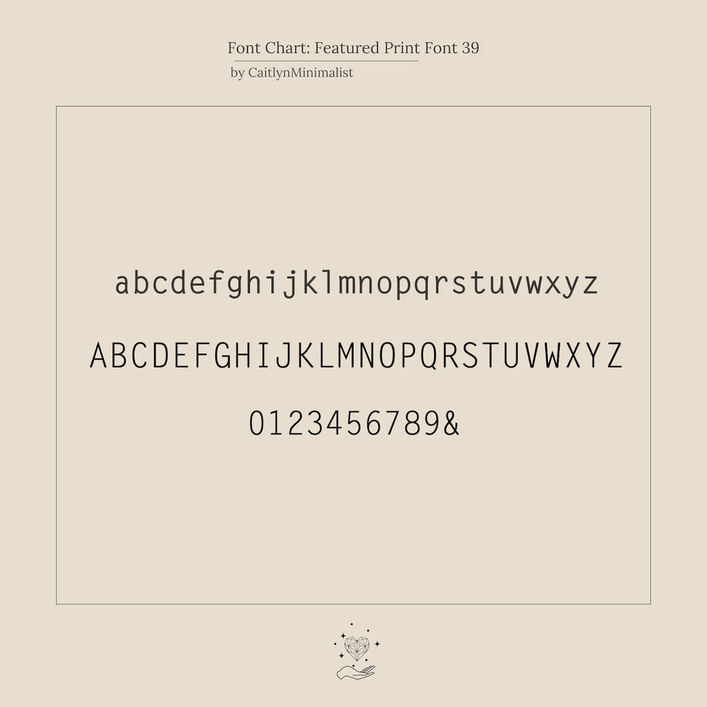 A minimalist font chart shows lowercase, uppercase, and numbers in a clean print font—ideal for selecting the perfect letter style for your Mini Sideways Initial Necklace or creating a unique personalized gift.