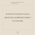 A minimalist font chart shows lowercase, uppercase, and numbers in a clean print font—ideal for selecting the perfect letter style for your Mini Sideways Initial Necklace or creating a unique personalized gift.