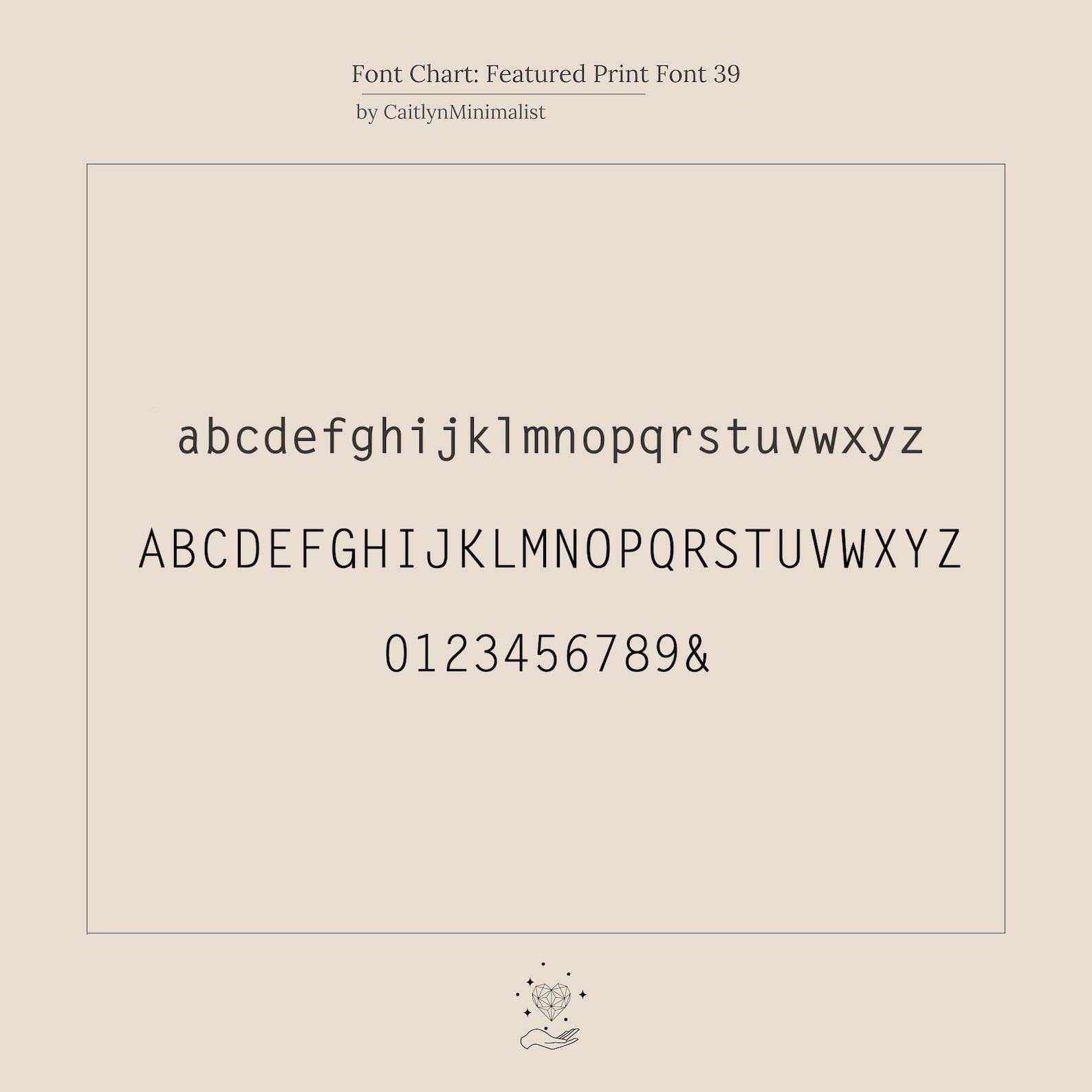 A minimalist font chart shows lowercase, uppercase, and numbers in a clean print font—ideal for selecting the perfect letter style for your Mini Sideways Initial Necklace or creating a unique personalized gift.