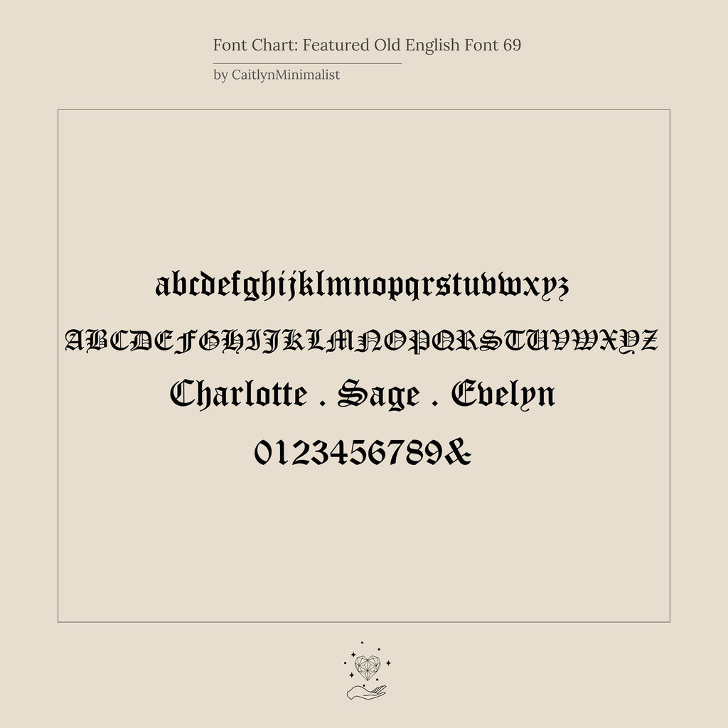 Sample text in Old English font, perfect for customizing your Old English Letter Name Necklace. Preview includes uppercase, lowercase, numbers, and names.