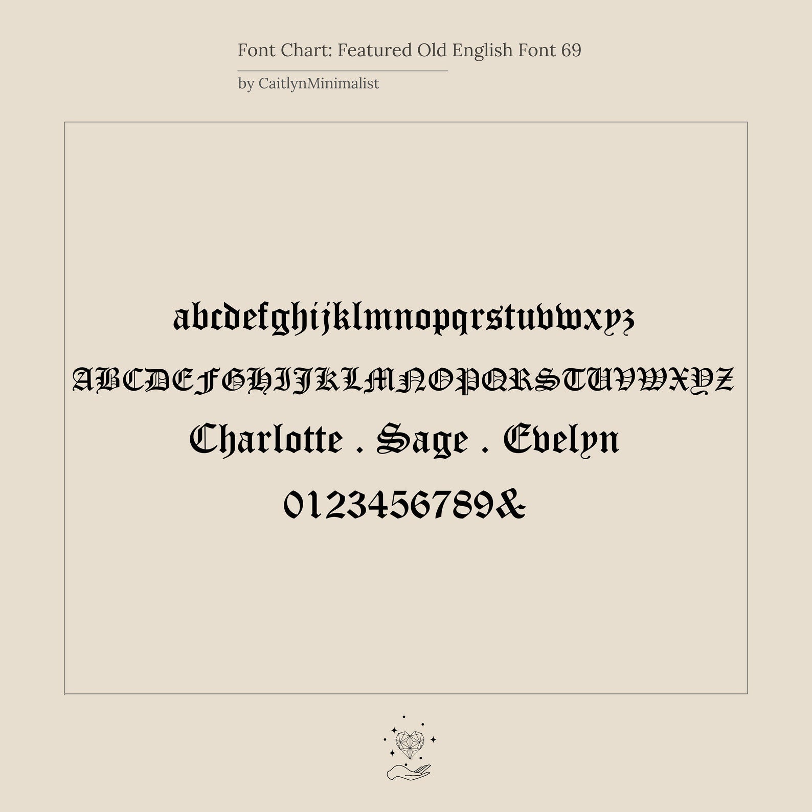 Sample text in Old English font, perfect for customizing your Old English Letter Name Necklace. Preview includes uppercase, lowercase, numbers, and names.