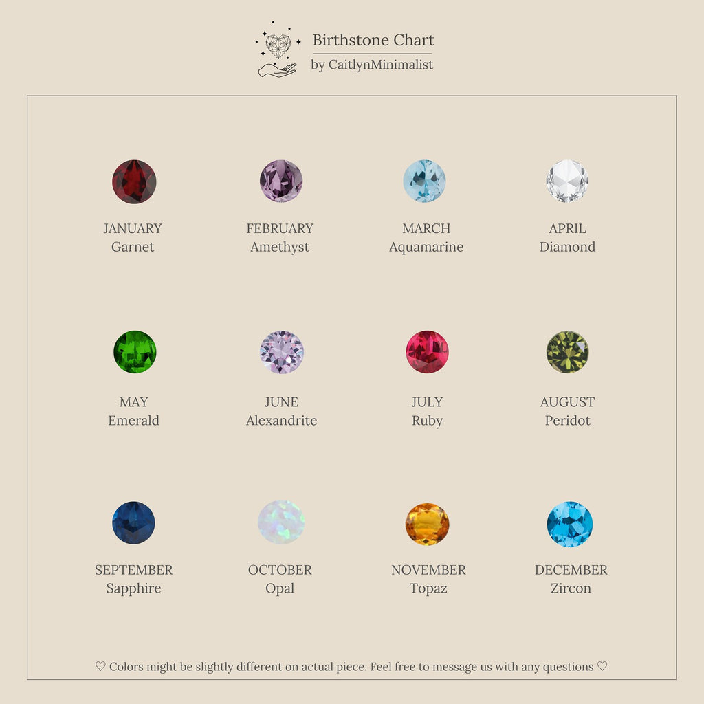 A birthstone chart with gemstones for each month—like garnet, amethyst, aquamarine, and the Genevieve Blue Topaz Huggies—makes a unique birthstone gift or offers inspiration for stylish huggie hoop earrings.