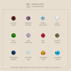 A birthstone chart with gemstones for each month—like garnet, amethyst, aquamarine, and the Genevieve Blue Topaz Huggies—makes a unique birthstone gift or offers inspiration for stylish huggie hoop earrings.