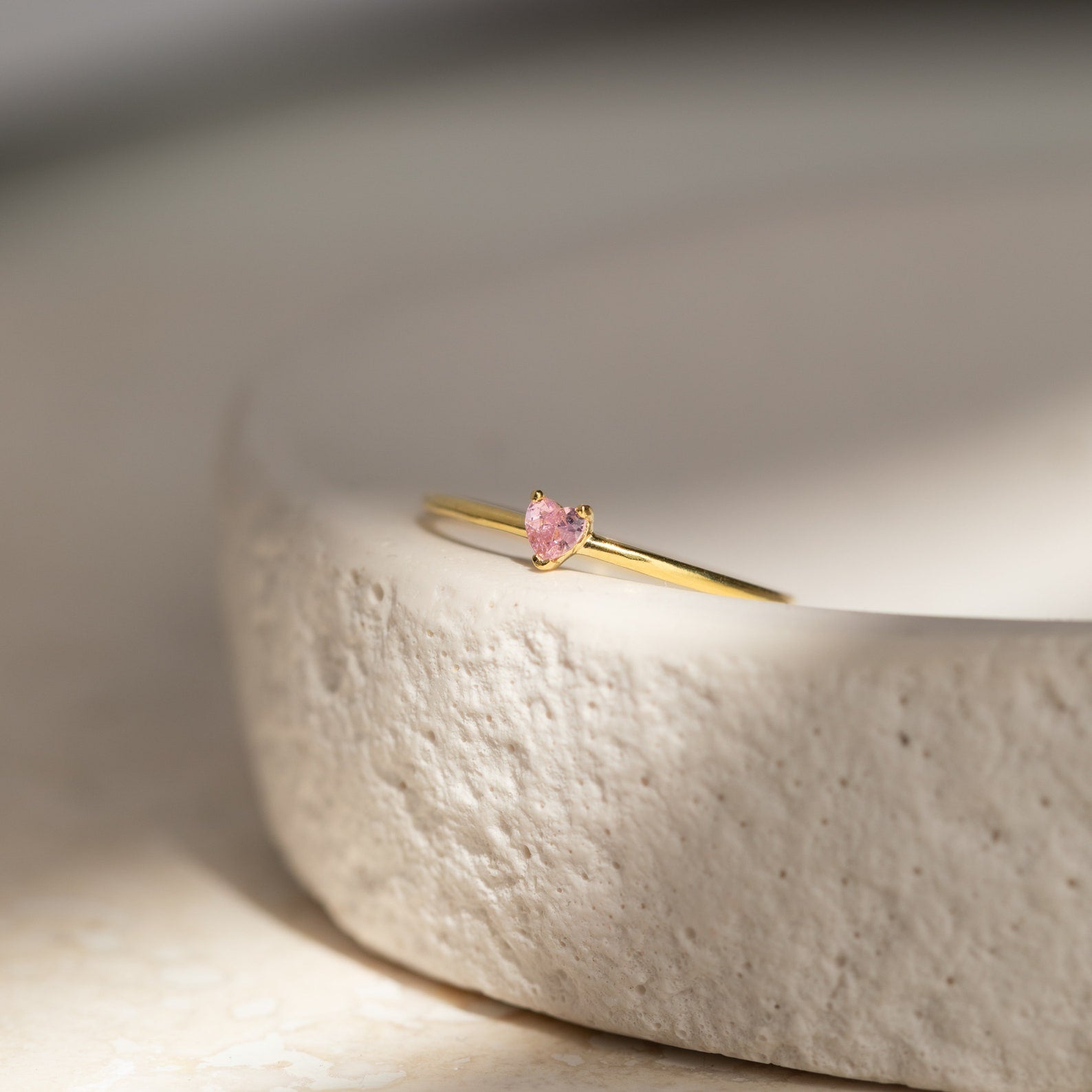 Dainty October Birthstone Ring Sterling Silver Pink Stone Ring Tiny Heart  Ring 