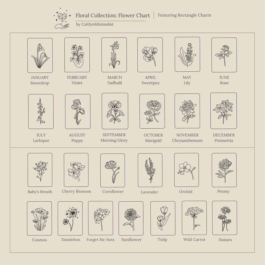 The Ribbed Flower Tag Necklace features monthly birth flowers and other blooms, each depicted in minimal line drawings—perfect vintage-inspired design inspiration for a unique charm necklace.