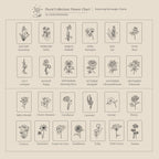 The Ribbed Flower Tag Necklace features monthly birth flowers and other blooms, each depicted in minimal line drawings—perfect vintage-inspired design inspiration for a unique charm necklace.