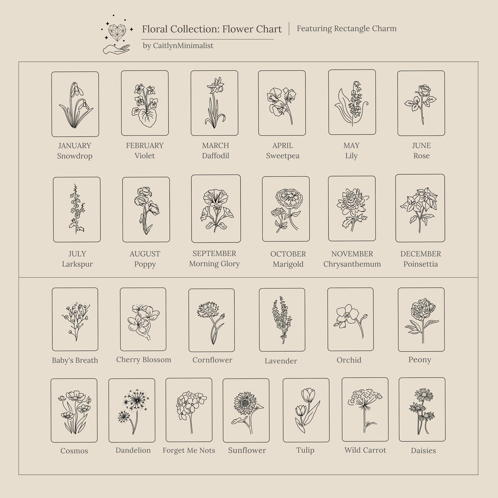 The Ribbed Flower Tag Necklace features monthly birth flowers and other blooms, each depicted in minimal line drawings—perfect vintage-inspired design inspiration for a unique charm necklace.