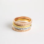 Three stacked metal bands in gold, silver, and rose gold—each a Coordinates Band engraved with geographic coordinates—create a meaningful memory you can wear daily.