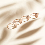 The Constellation Oval Ring, featuring a celestial-inspired engraved design, is displayed with three gold rings on a sunlit cream fabric background.