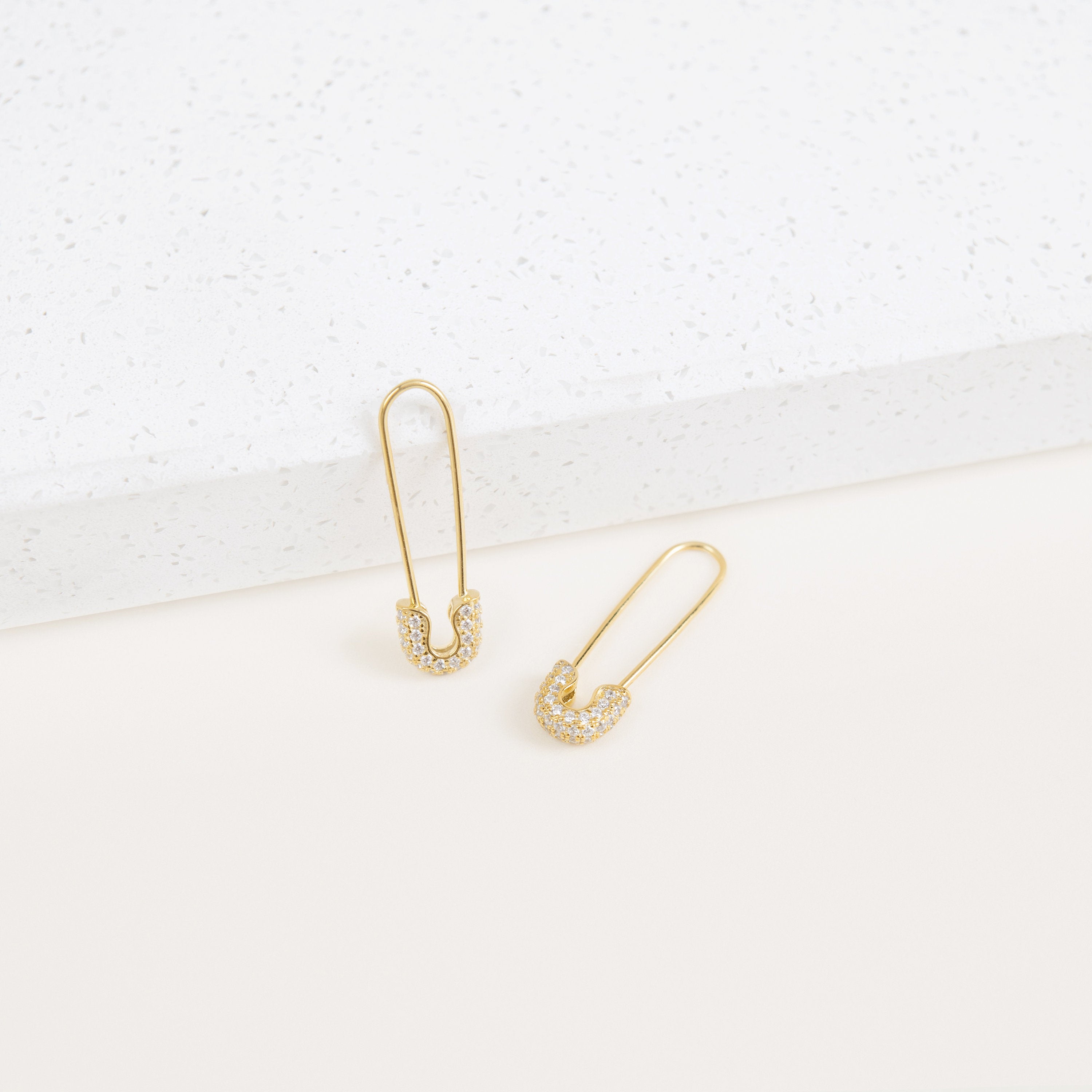 Pave Safety Pin Earrings | Caitlyn Minimalist 18K Gold