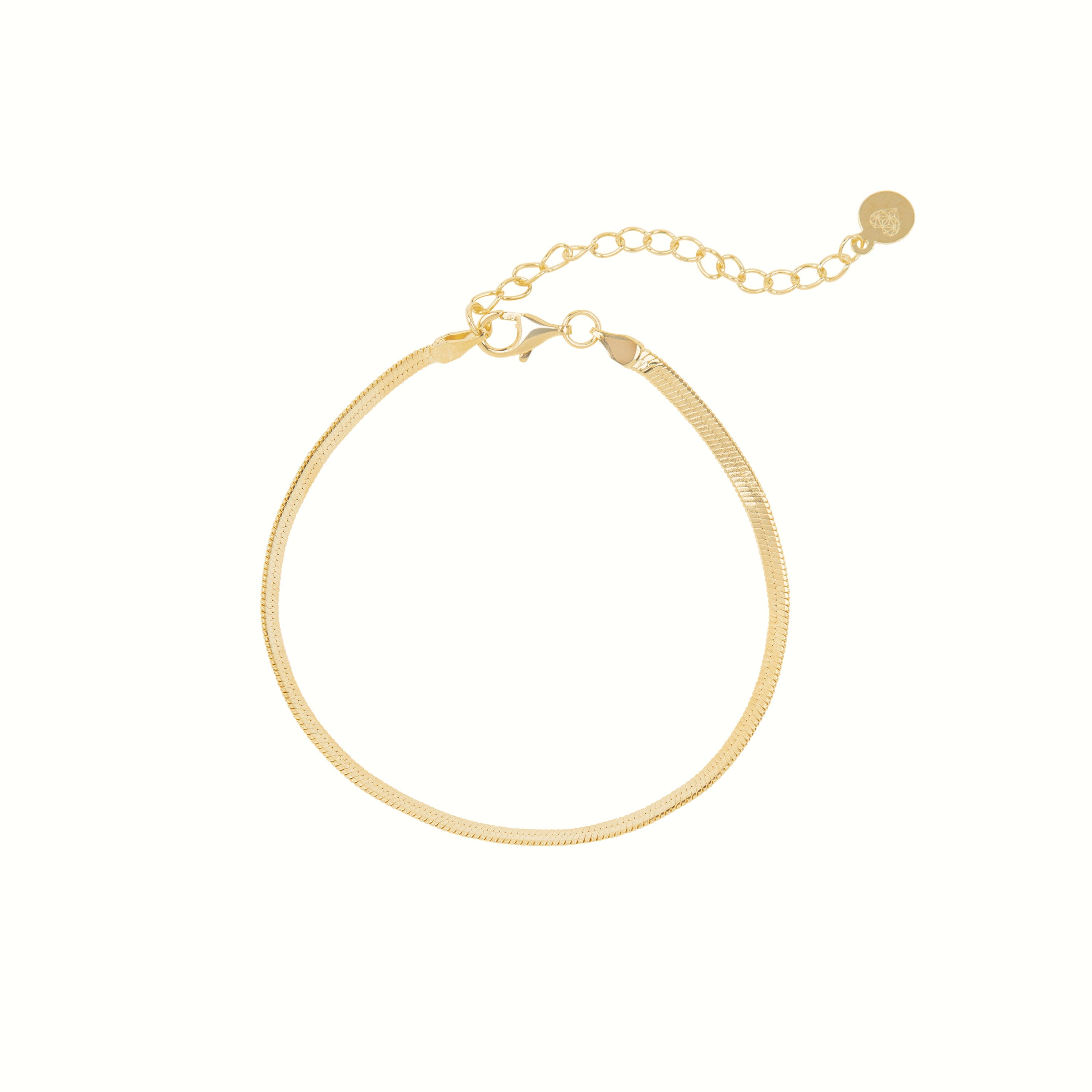The Herringbone Anklet features a delicate gold chain with an adjustable clasp and small round charm, perfect for a minimalist jewelry style or polished ankle look. Displayed on a white background.