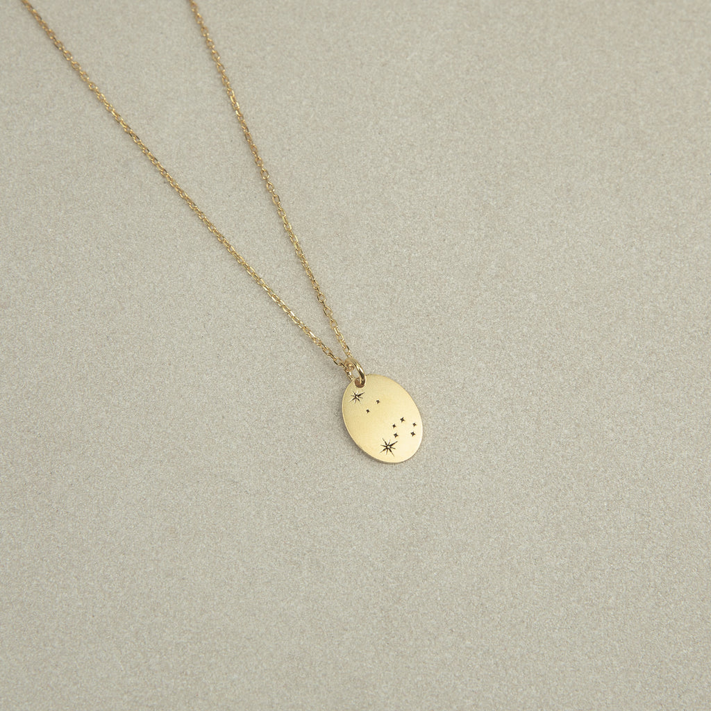 The Zodiac Constellation Necklace features an oval gold pendant engraved with small star and dot designs, displayed on a light beige background.