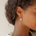 Close-up of a woman wearing Dangling Birth Flower Earrings—silver hoops with a round charm engraved with a birth flower figure, perfect for those who love personalized jewelry.