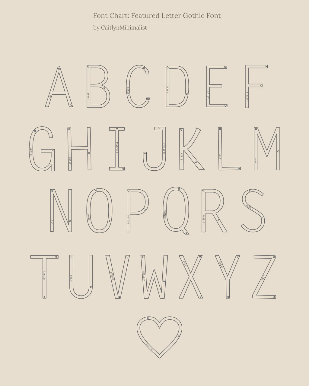 Outlined uppercase alphabet letters and a heart in a minimalist serif font on beige—perfect inspiration for a bold statement piece like the Large Sideways Initial Necklace in Rose Gold.