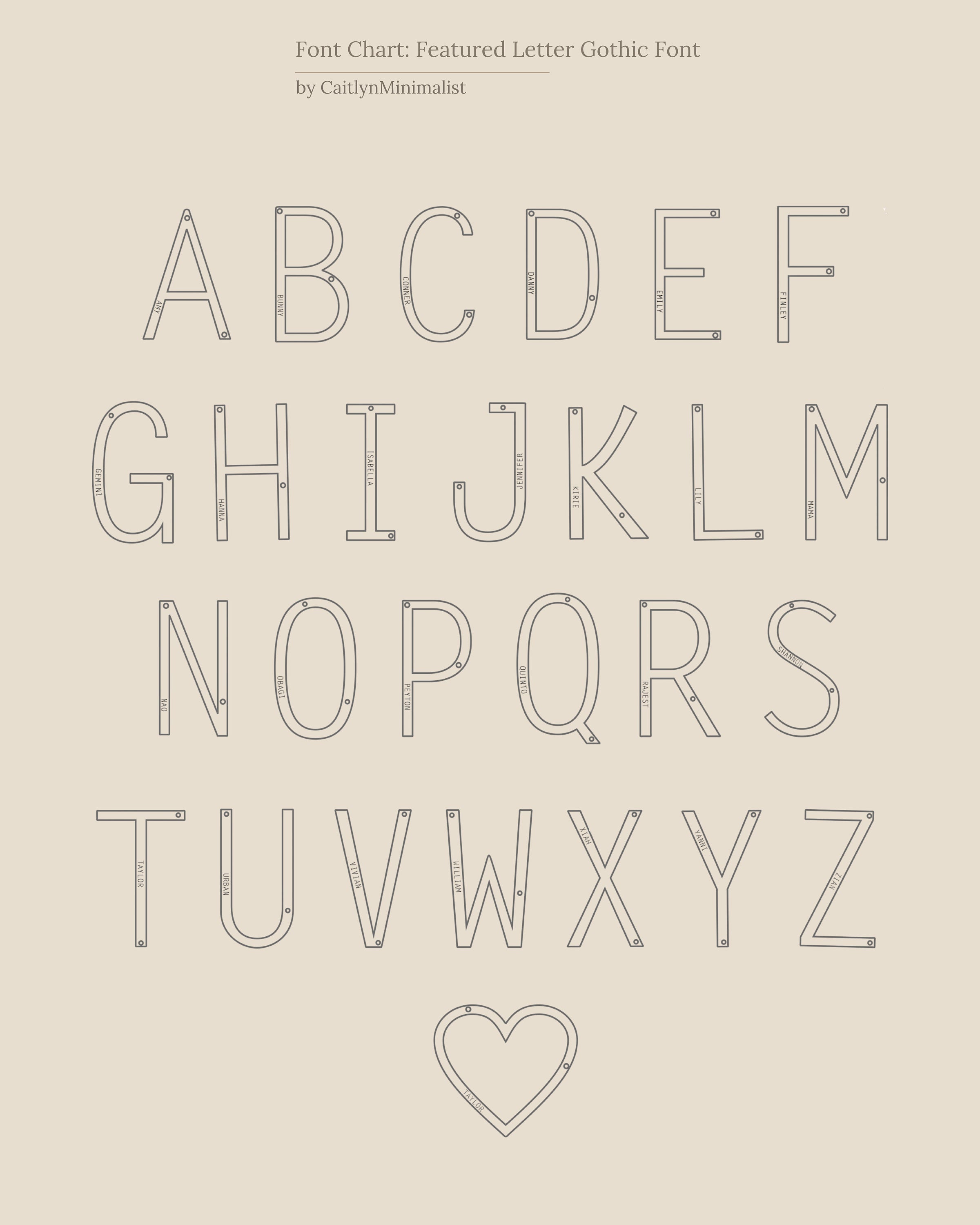 Outlined uppercase alphabet letters and a heart in a minimalist serif font on beige—perfect inspiration for a bold statement piece like the Large Sideways Initial Necklace in Rose Gold.