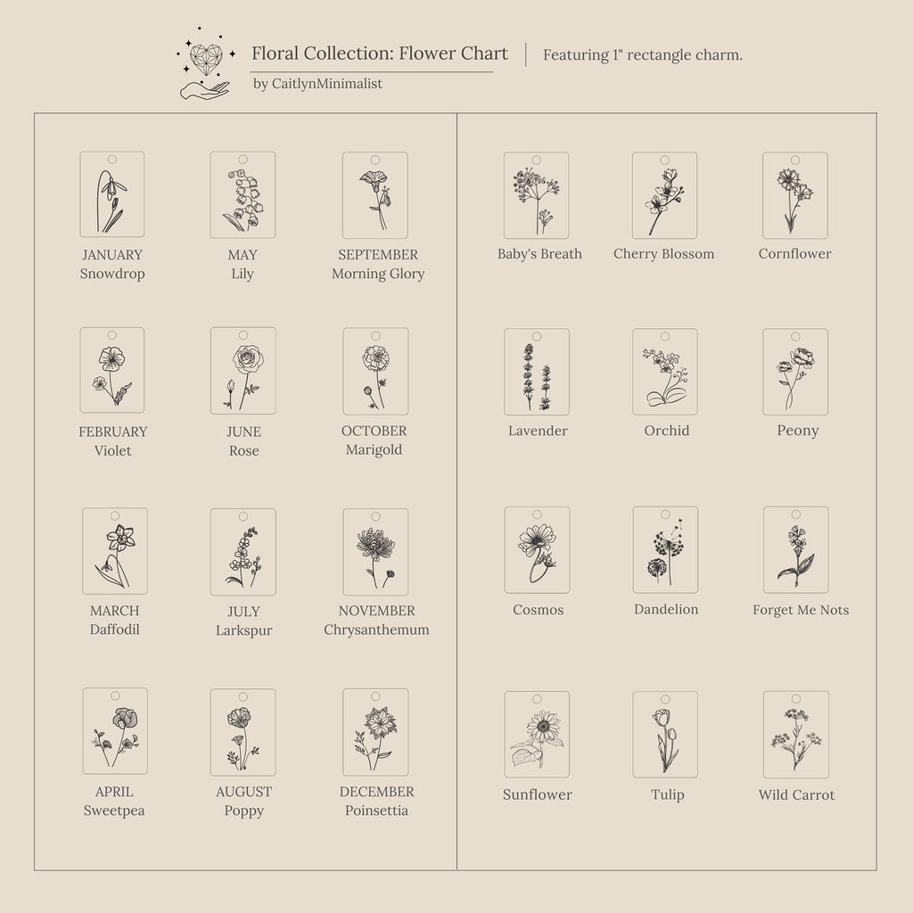 The Birth Flower Tag Necklace features minimalist line drawings and labels of each month’s flower—perfect as a unique, personalized birth month jewelry gift.