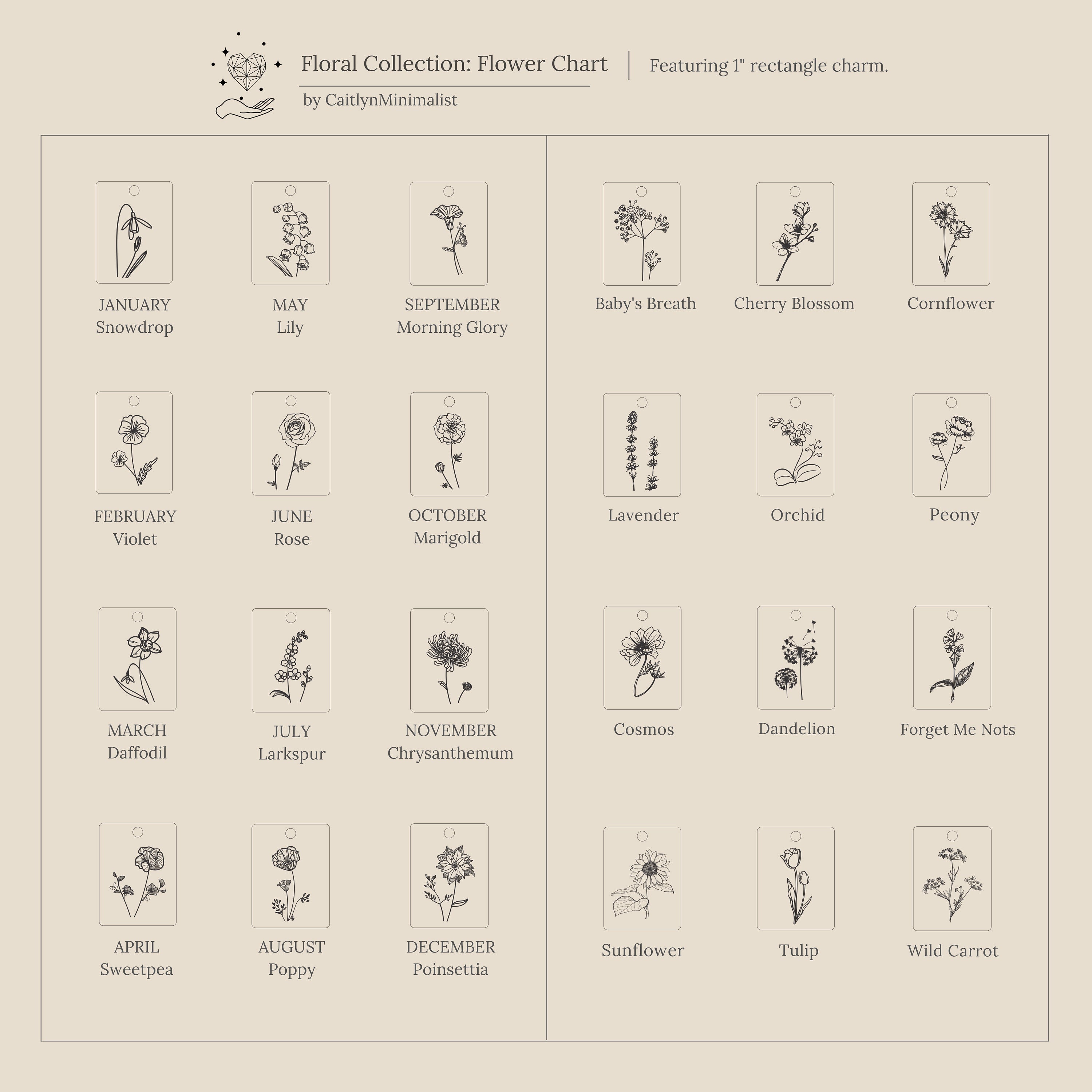 The Birth Flower Tag Necklace features minimalist line drawings and labels of each month’s flower—perfect as a unique, personalized birth month jewelry gift.