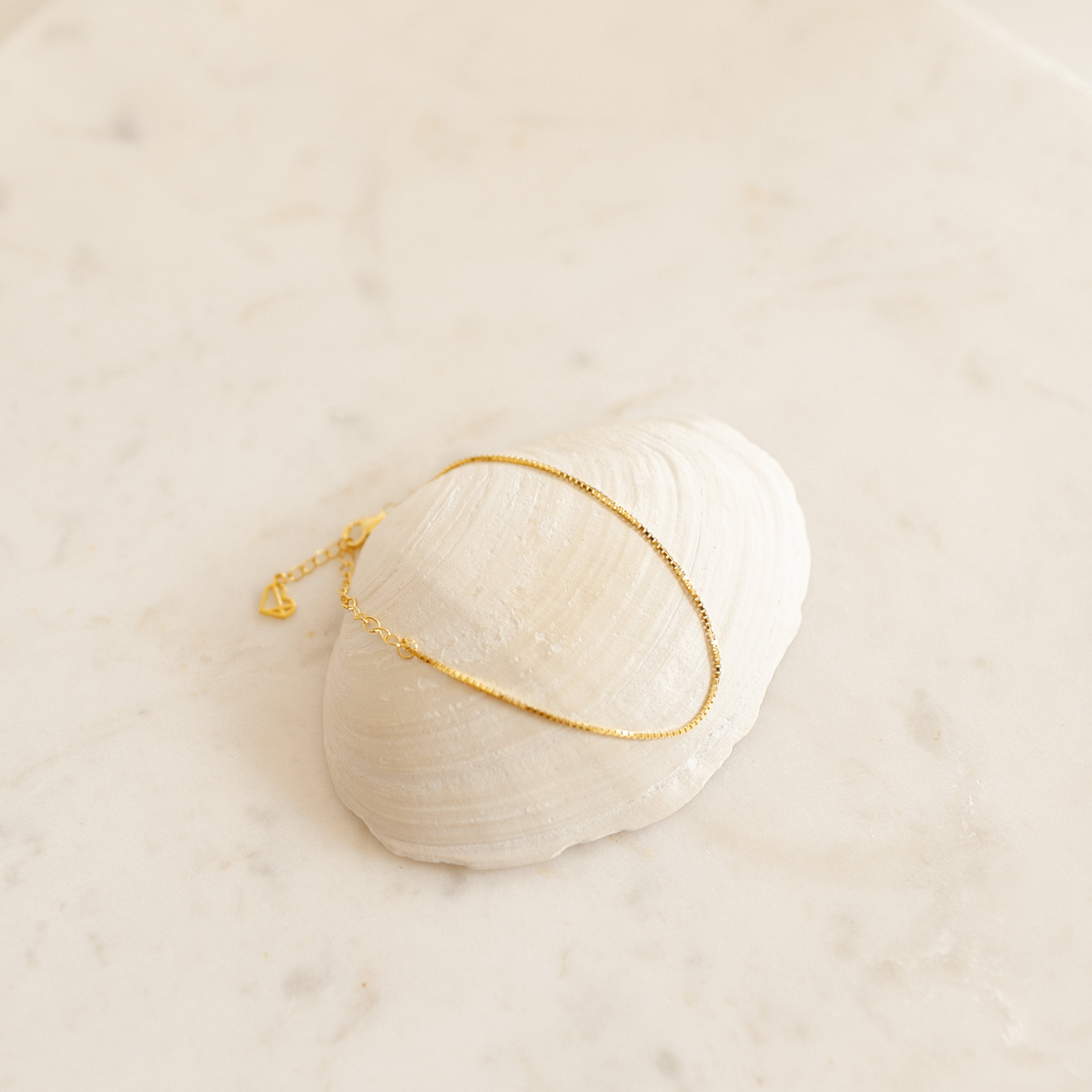 The Box Chain Bracelet features a delicate gold design with a polished finish, elegantly displayed on a white seashell atop a light marble surface.