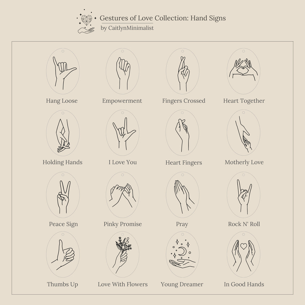 A grid of minimalist hand sign illustrations, each featuring symbolic gestures and love-themed motifs inspired by the Gestures of Love Ring.