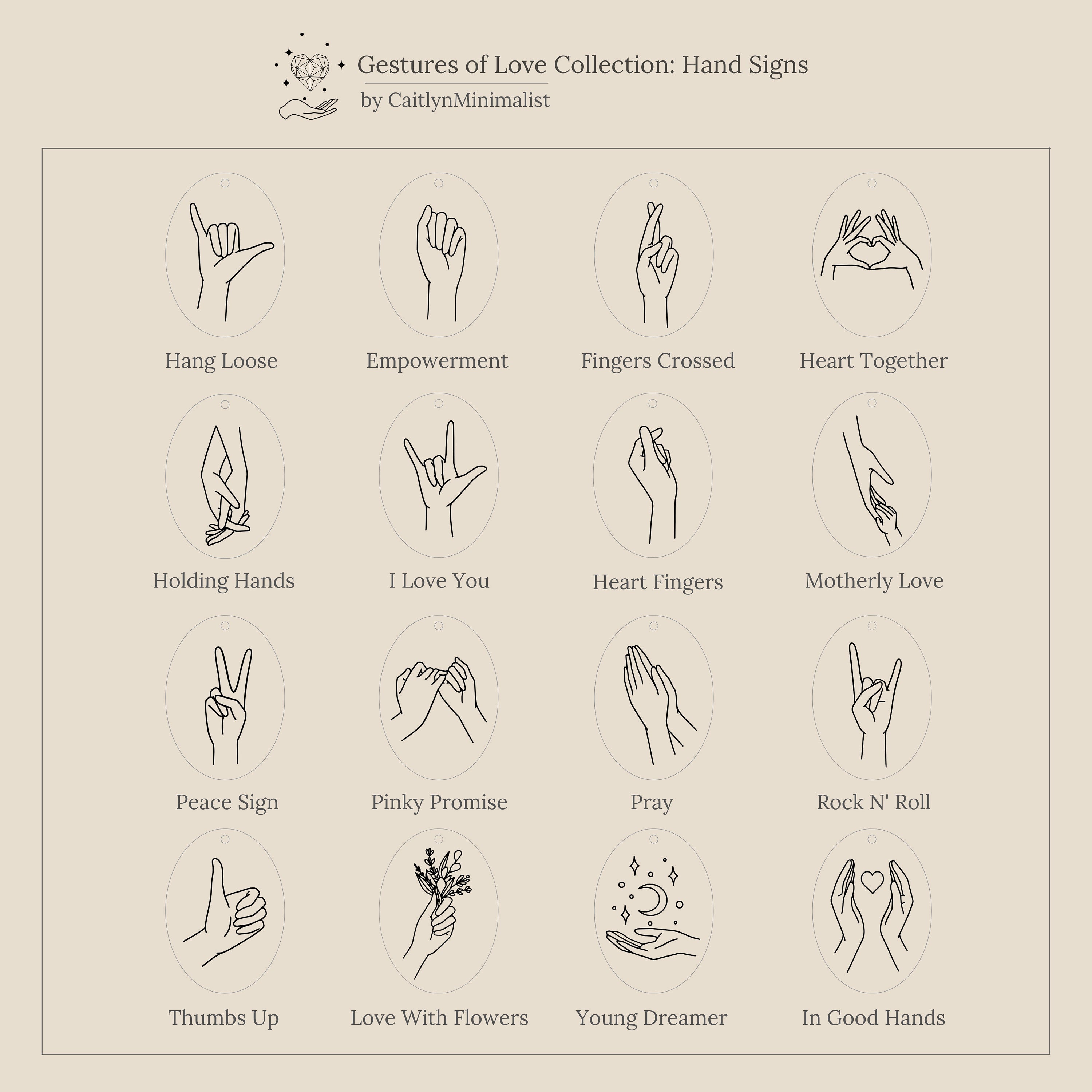 A grid of minimalist hand sign illustrations, each featuring symbolic gestures and love-themed motifs inspired by the Gestures of Love Ring.