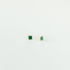 Malachite Studs: gold stud earrings with small green square gemstones in a geometric box shape, shown on a plain white background.