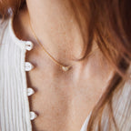 Delicate gold necklace featuring a small, pave crystal heart pendant worn close to the collarbone, styled with a textured white blouse.