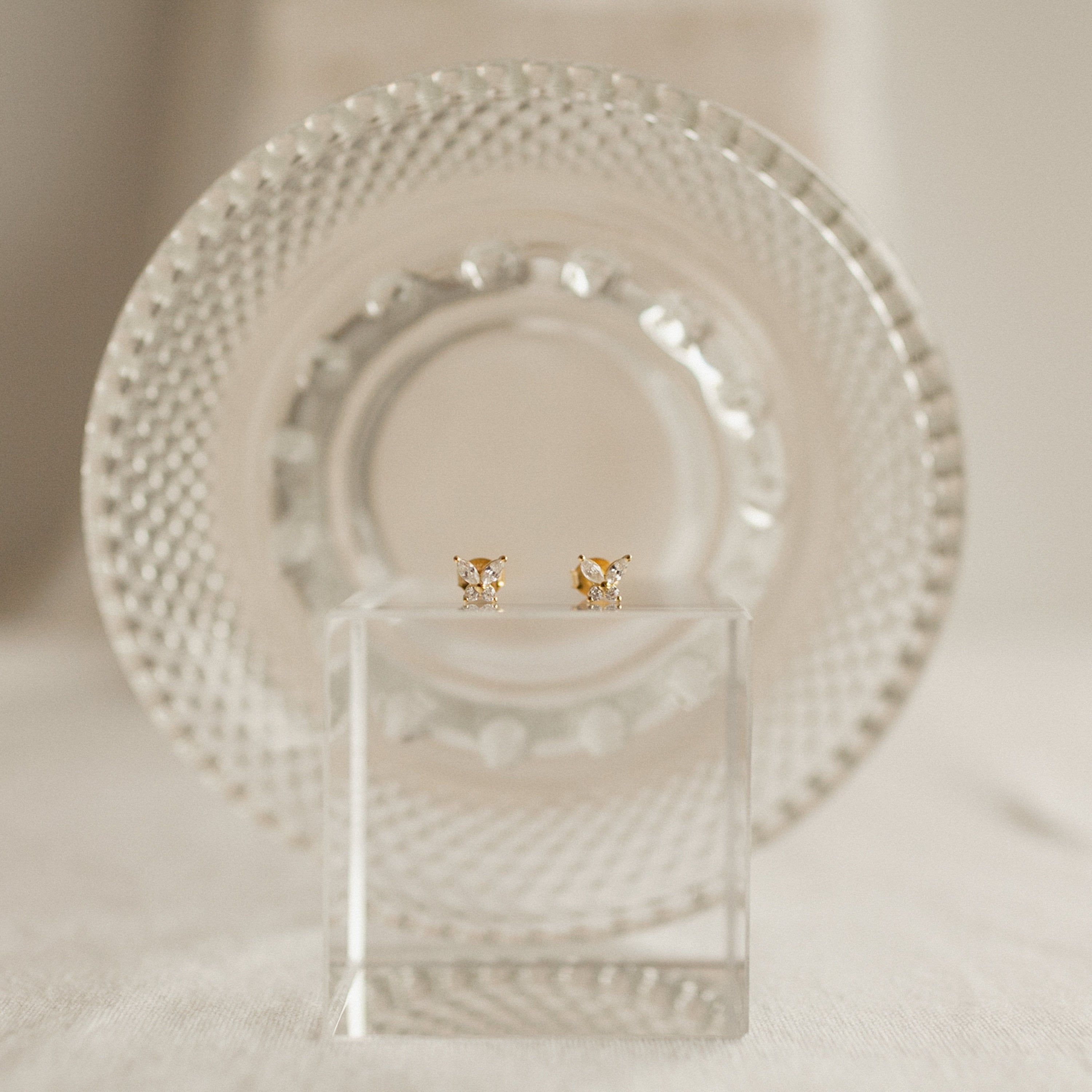 Butterfly Diamond Studs with sparkling diamond accents are displayed on a clear block, set against a textured glass plate in the background.