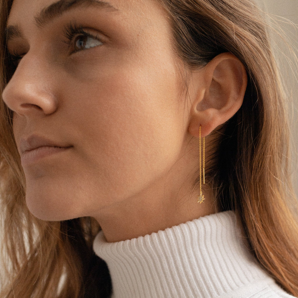 Woman wearing a white turtleneck and Lux Threader Earrings, looking to the left.