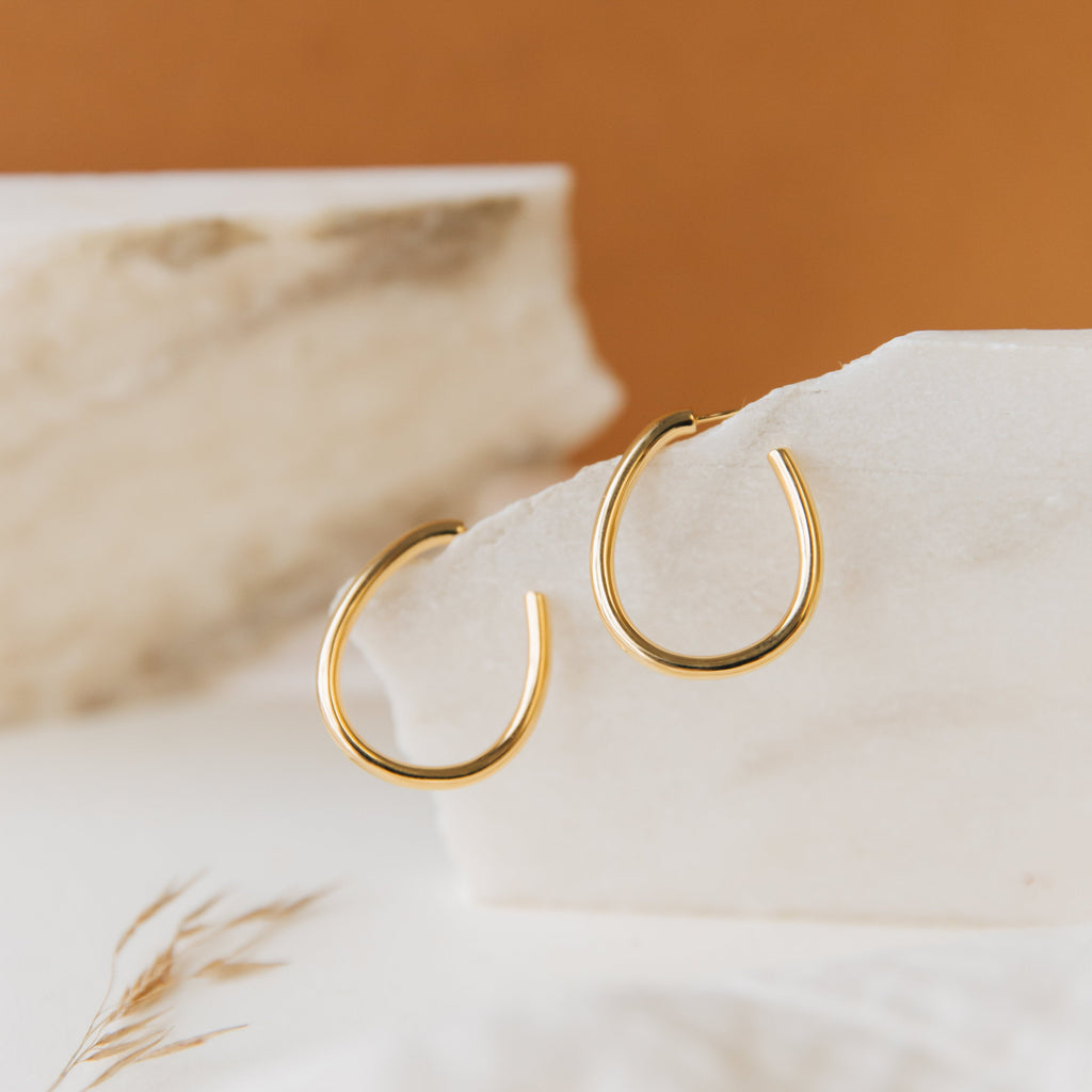 Anine Oval Hoops showcased on white stone, set against a warm brown backdrop with dried grass accents.