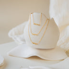 Three Petite Tiny Name Necklaces with "mama" are displayed on a white abstract ceramic holder. This dainty personalized necklace makes a thoughtful gift for mom.