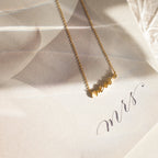 The Mrs. Necklace, an ideal wedding gift, is displayed on paper adorned with mrs in elegant script.