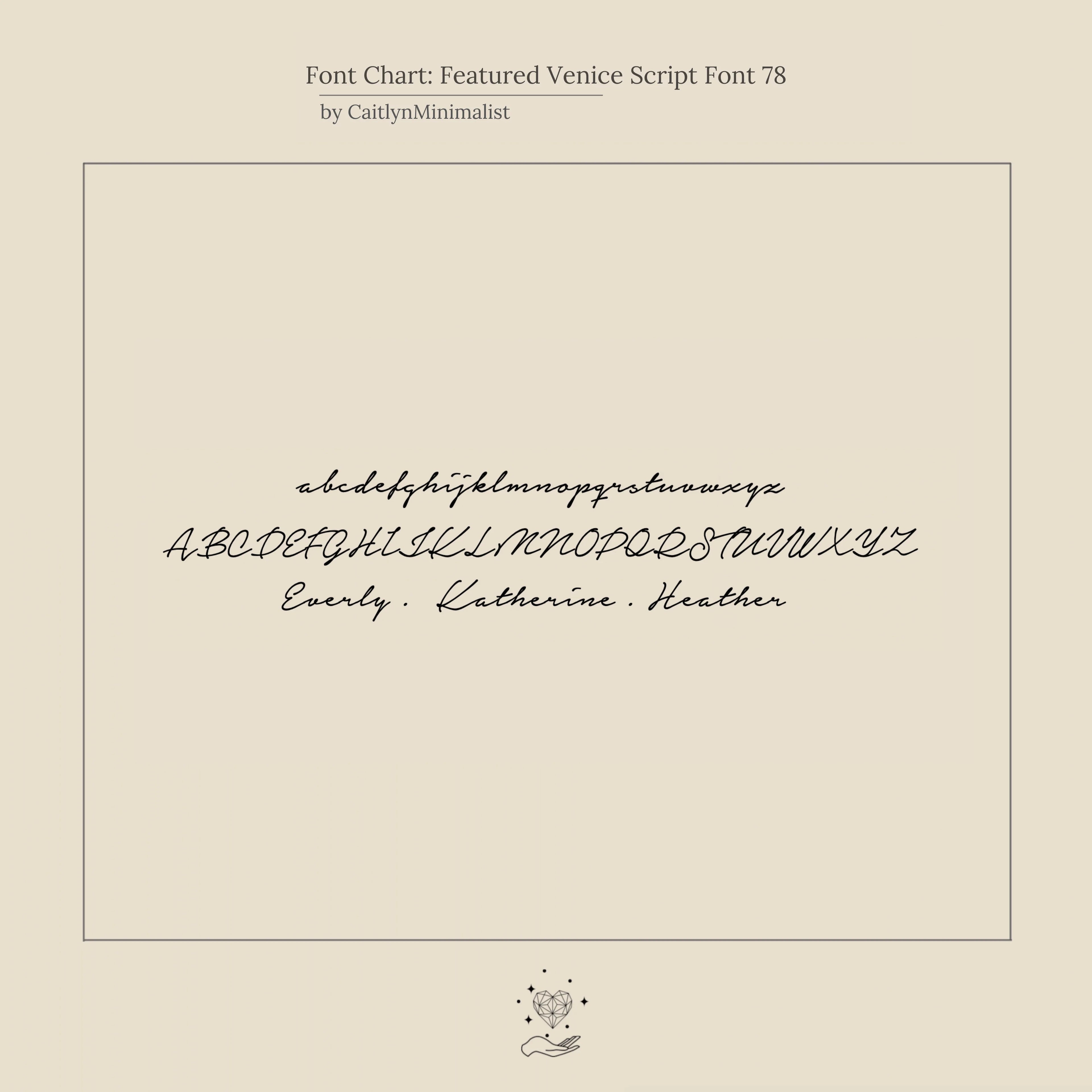 Font chart featuring Venice Script Font 78 in cursive (lowercase, uppercase, sample names)—ideal for designing your Venice Tiny Name Bracelet or bringing elegance to minimalist jewelry.